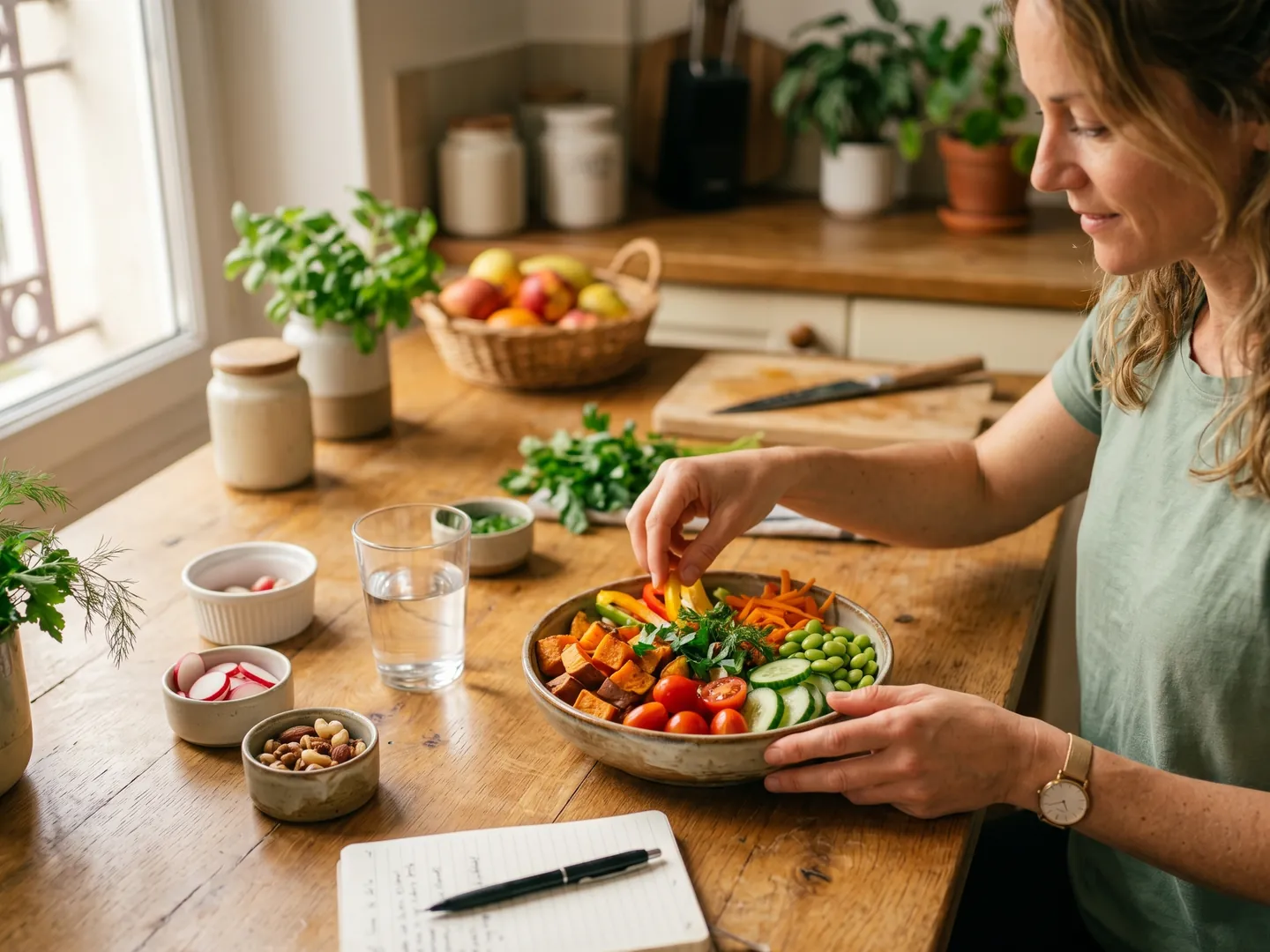 Repas simple et coloré préparé sur une table de cuisine chaleureuse