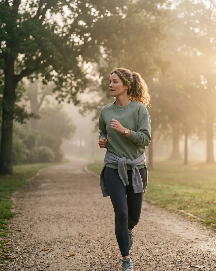 Personne qui reprend une marche rapide dans un parc au lever du soleil