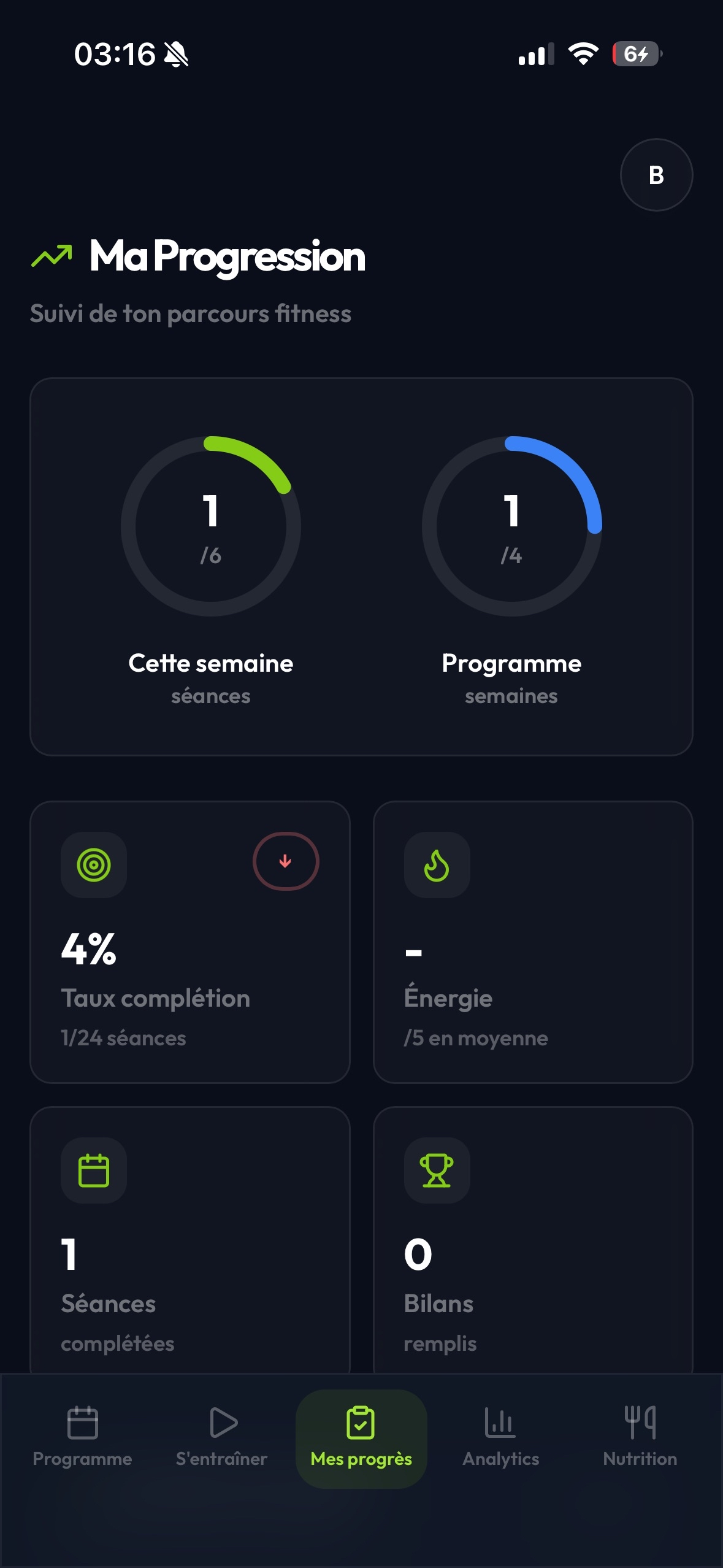 Écran du bilan hebdomadaire Apex Coach : énergie, difficulté, douleurs