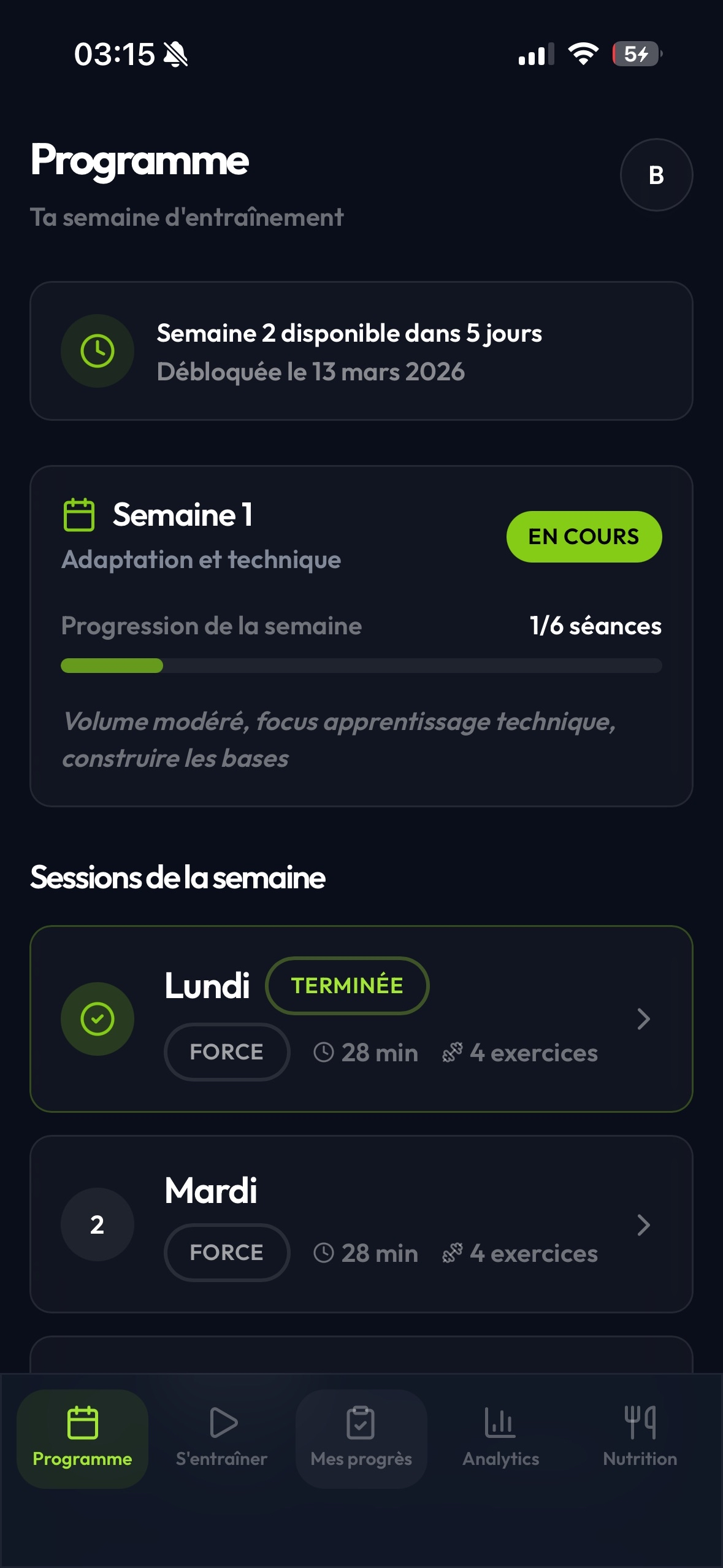 Écran du programme Apex Coach réajusté pour la semaine suivante